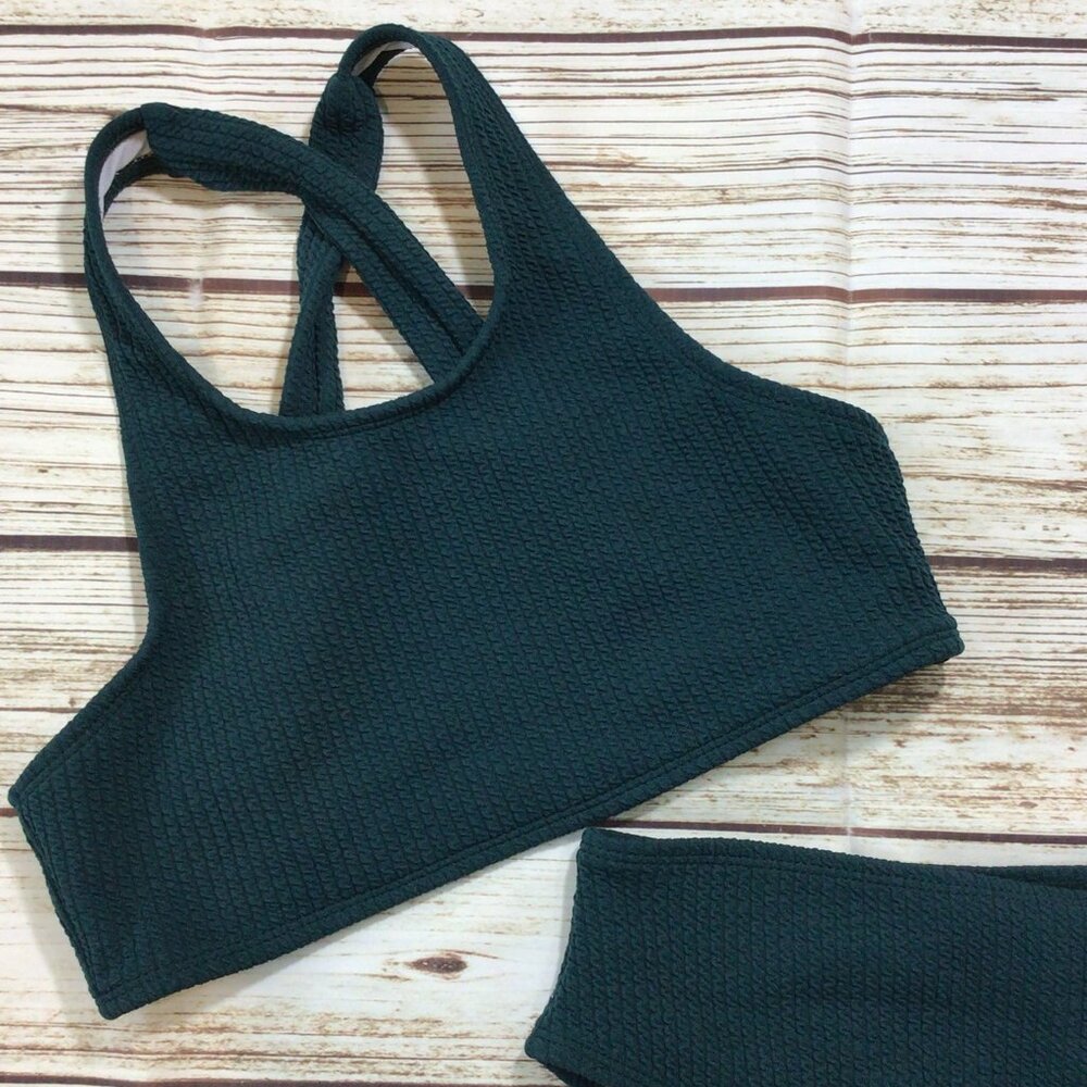 3/$10💕 Hunter Green Textured High Waist Cheeky Racer Back Top 2 Piece Swim Suit - Picture 3 of 6